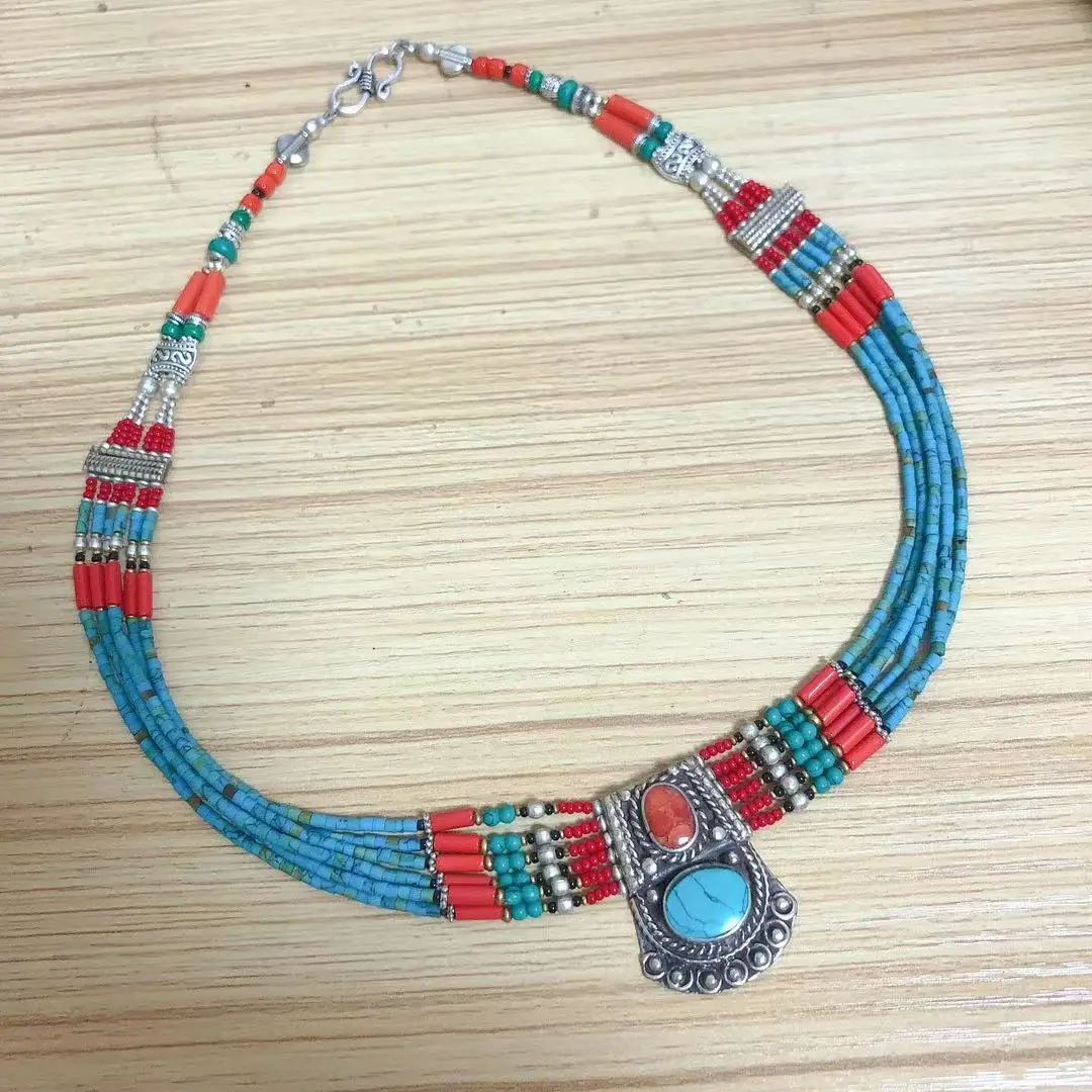 NK242 Nepal Handmade Copper Inlaid Lapis Colorful Stone Pendant Necklace Ethnic Tibetan 5 Layers Beaded Necklace