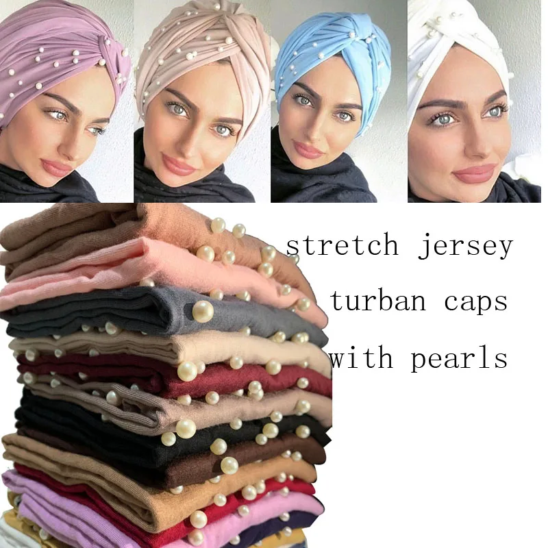 Pearls Beading Women Cross Twist Turban Cap Soft Jersey Cotton Headscarf Bonnet Female Inner Hijabs Hat Turbante Mujer