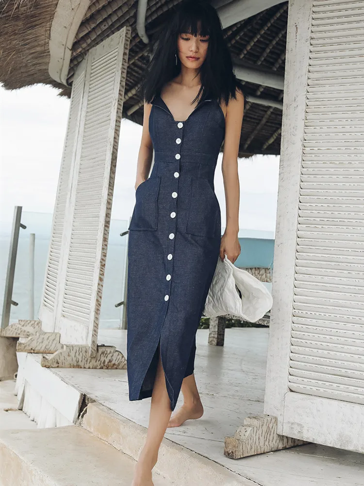 

Design Summer Original Women Vintage Elegant Slim Sling Beach Casual Cotton Linen Denim Vacation Midi Dresses