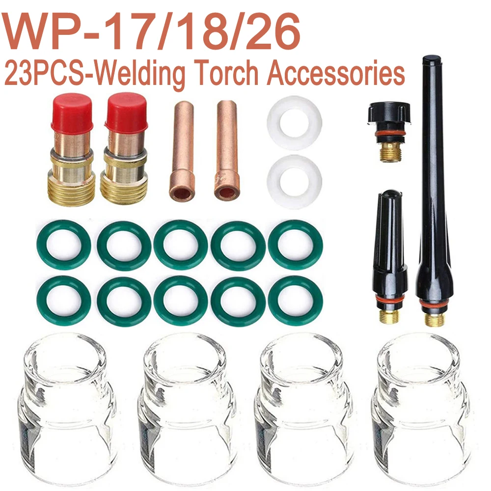 23PCS TIG Stubby Gas Lens 17CB20G 1.0/1.6/2.4/3.2mm #12 Glass Cup TIG Gas Lens Alumina Nozzle For WP 17/18/26 TIG Welding Torch