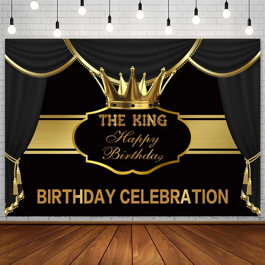 

Avezano King Happy Birthday Backdrops Golden Crown Black Curtain Photography Backgrounds For Photo Studio Photozone Decor Banner