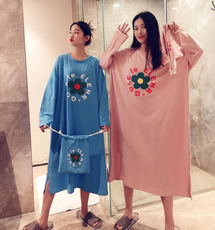 Big And Wide Cartoon Long Night Dress Women Long sleeve  Nightgown Oversize Sleepshirts Nightie Nightdress Cotton Sleepwear