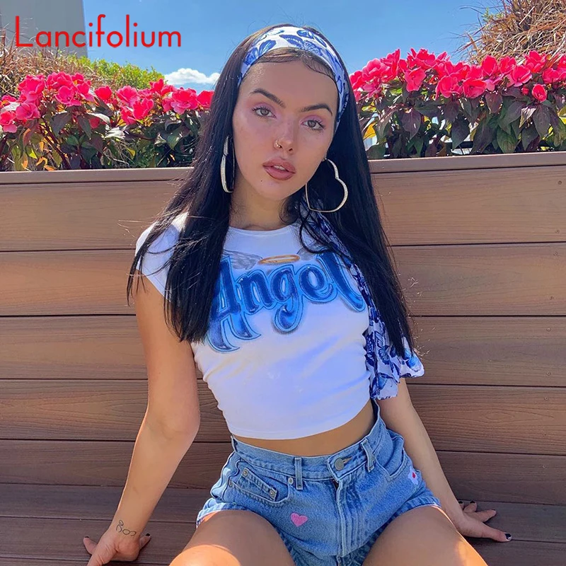 ♡y♡ Sexy T Shirt Women angel Graphic Letter Crop Top Ladies E Girl Y2k