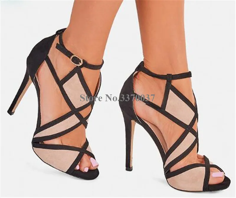 Brand Design Women Fashion Peep Toe Patchwork Colors Thin Heel Sandals Pink Blue Strap Cross High Heel Sandals Dress Shoes