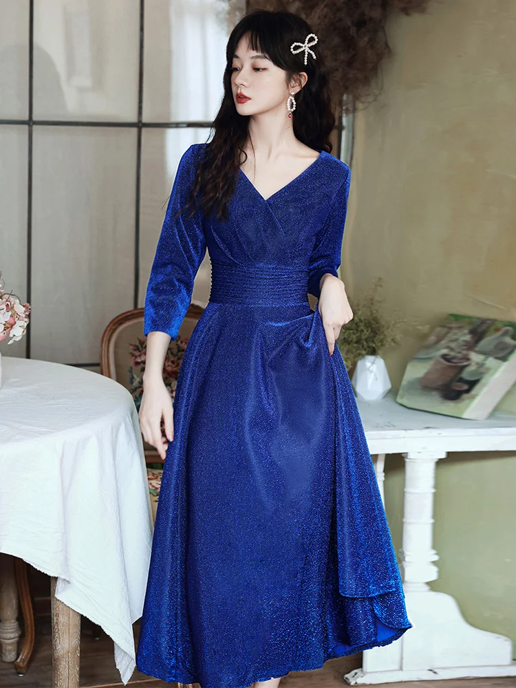 Long Sleeve Cocktail Party Dresses 2021 Elegant V-Neck A-Line Tea-Length Royal Blue Prom Dresses For Graduation