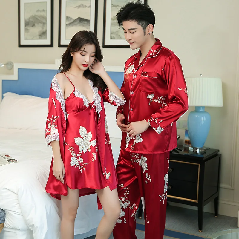 Sexy Flower Printed Rayon Women Robe Sets Men Top Trousers Pajama Suit Couple Pyjamas Wedding Morning Gown Home Service