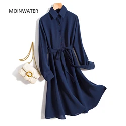 MOINWATER New 2020 Women Long Sleeve Dresses Office Lady Dark Blue Dress Female Fall Fashion Clothing MD2009