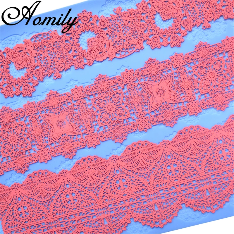 Aomily 3 Kinds of Lace Flower Silicone Mold Wedding birthday Cake Border Decoration Fondant Cake Surround Food Grade Mat Baking