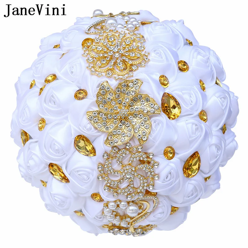 JaneVini Luxurious Sparkling Gold Rhinestone Bride Wedding Bouquet Rose Artificielle Navy Blue Satin Pearl Crystal Bridal Flower