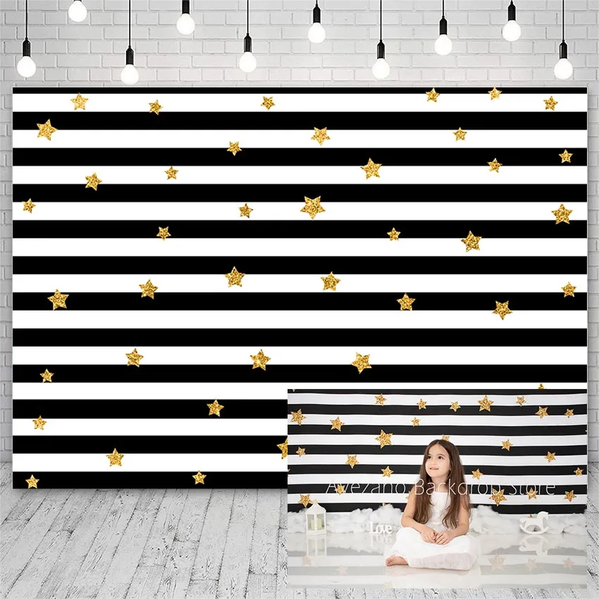 

Avezano Backdrops Baby Shower Birthday Black White Stripes Golden Stars Decor Photography Background Studio Photocall Photozone