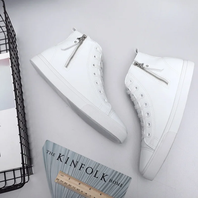 Pu Leather Sneakers Men Spring High Top Sneakers White Shoes 2020 Side Zipper Male Fashion Ankle Shoes Sneakers Flats