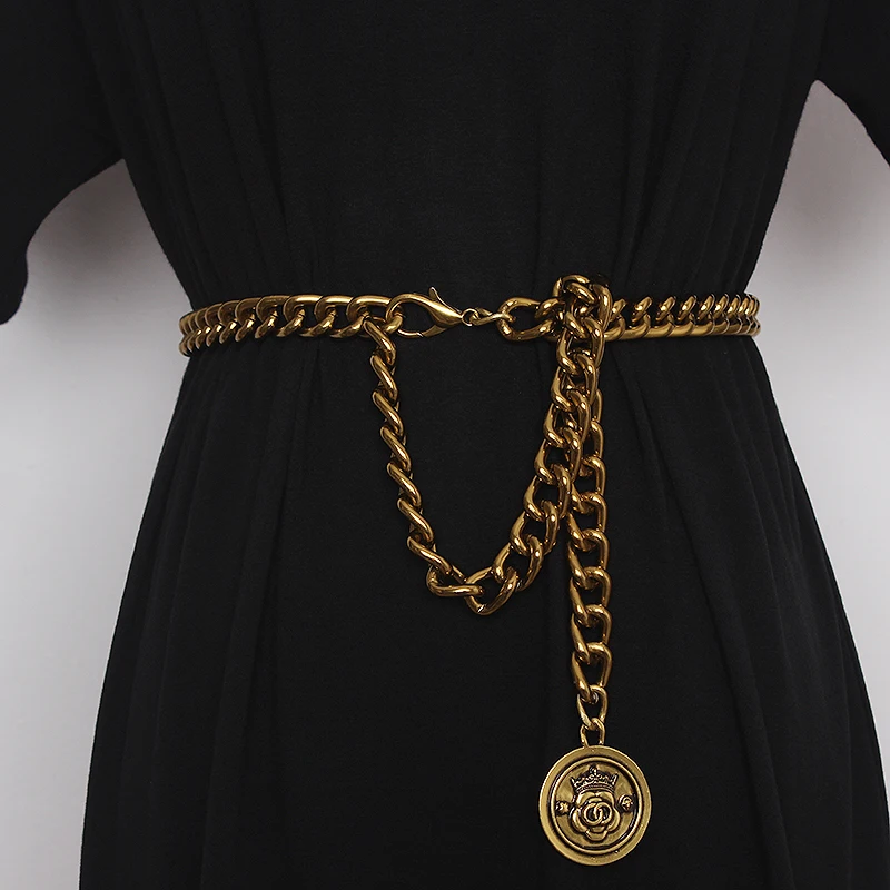 

Women fashion belts for high quality ladies 2024 spring metal waist chain dress accessories black gold chain belt pendant chain