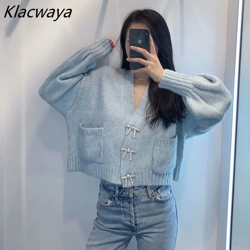 

Klacwaya Women's Clothing New Fashion Faux Gemstone Bow Button Sweater V-Neck Lantern Puff Sleeve Knit Cardigan Jacket