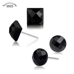 Genuine Real Pure Solid 925 Sterling Silver Stud Earrings for Men Women Jewelry Black Square Round Stone Male Female Earrings