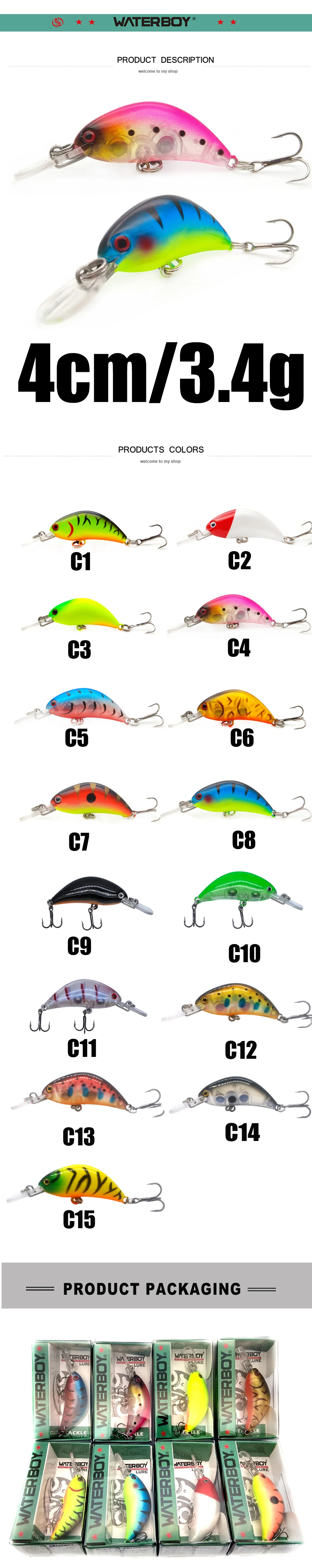 WATERBOY Mini Crank Minnow Köder 4cm 1,6 Zoll 3,4g 0,1oz Wobbler Schwimmender Bunter Klassischer Künstlicher Kleiner Angelköder – Detail 1