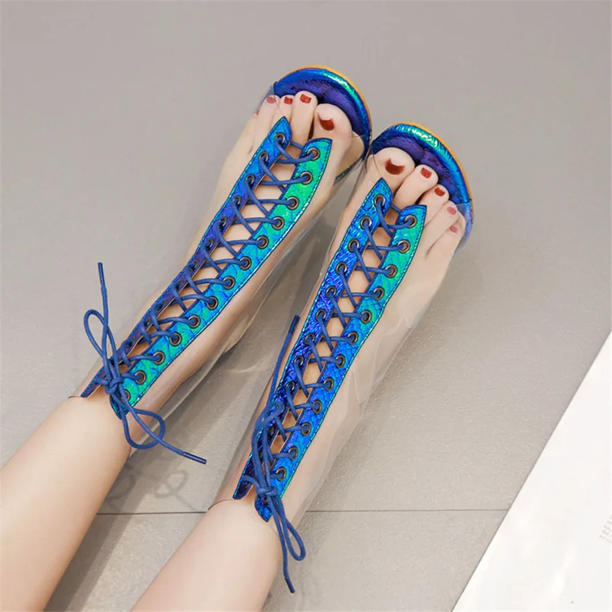 2024 Women Crystal Thick Heel Clear Summer Boots Transparent PVC Fashion Lace-Up Peep Toe Pumps Green Leather Zipper Party Shoes