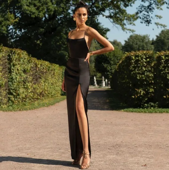 Nieuwe Slit Satin Prom Dress 2023 Sexy Long Black Mermaid V-hals Avond Partij Jassen Open Back Robe De Soiree