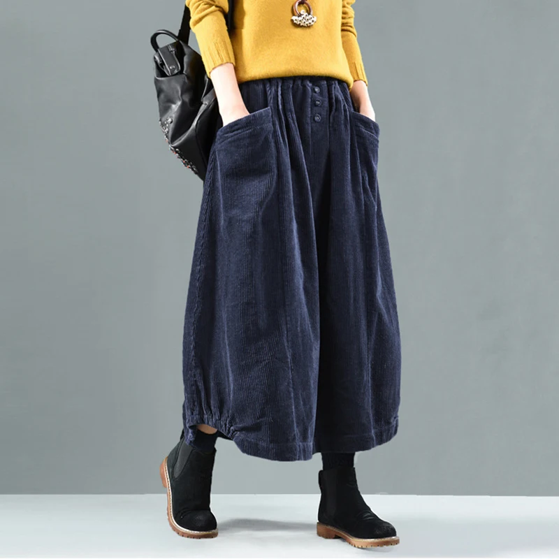 NINI WONDERLAND Autumn Winter Corduroy Skirt Women Vintage Midi Long Skirts Female Elastic Waist A-line Pleated Skirt Big Size