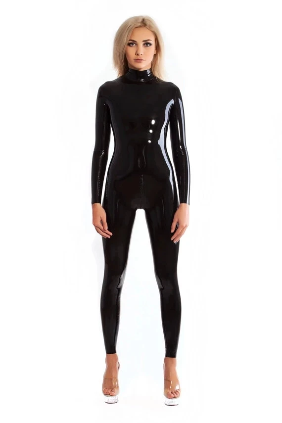 Latex Catsuit Black Color Rubber Zentai Suit Neck Entry Ruuber Bodysuit With Crotch Zip High Quality Women's Catsuit