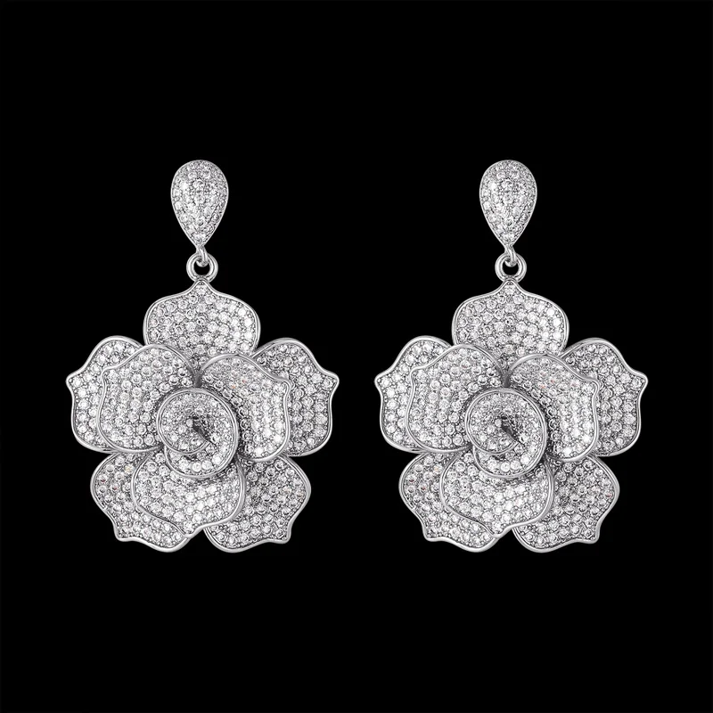 

Zlxgirl jewelry New Arrival women's wedding earrings jewelry high zirconia rose flower earrings bijoux Three plated color ears