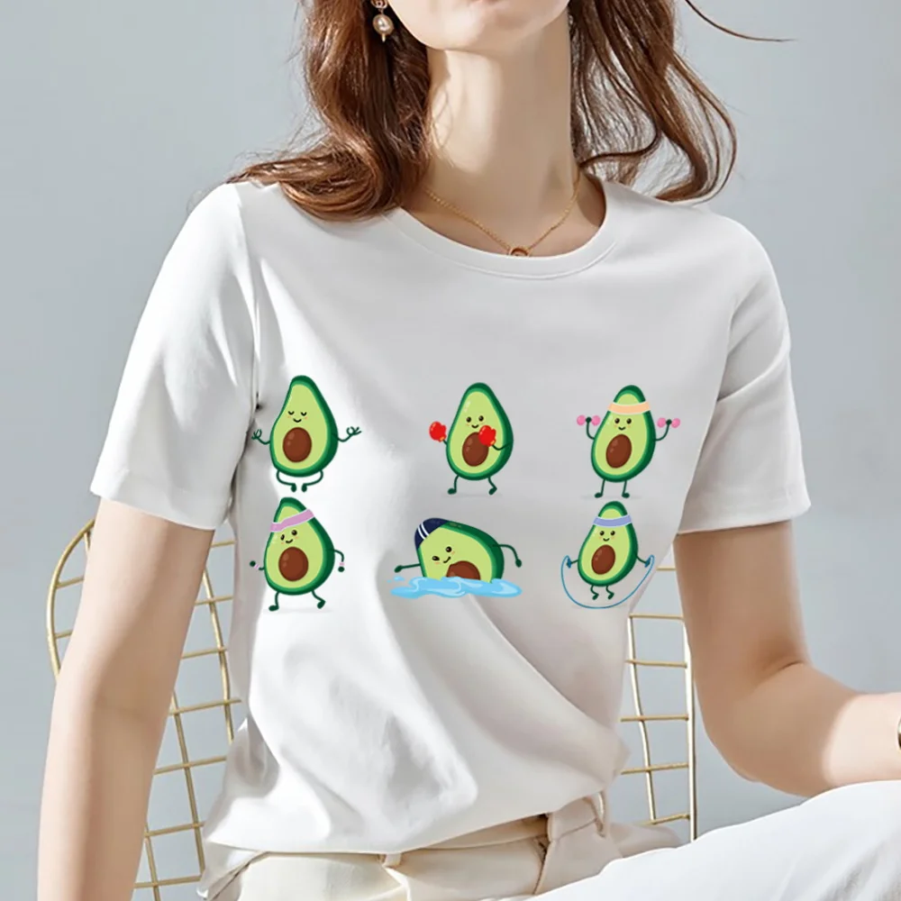 

Women Tshirts Kawaii Cartoons Cute Avocado Pattern Series Tops White Basis O-neck Tshirt Casual Short Sleeve Tee Women Clothes