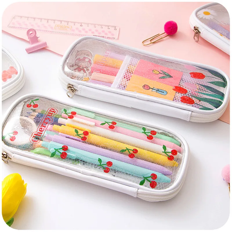 Cherry transparent pencil case Cute pencil bag big pen case kawaii Children stationery bag student pen bag Girls cosmetic bags