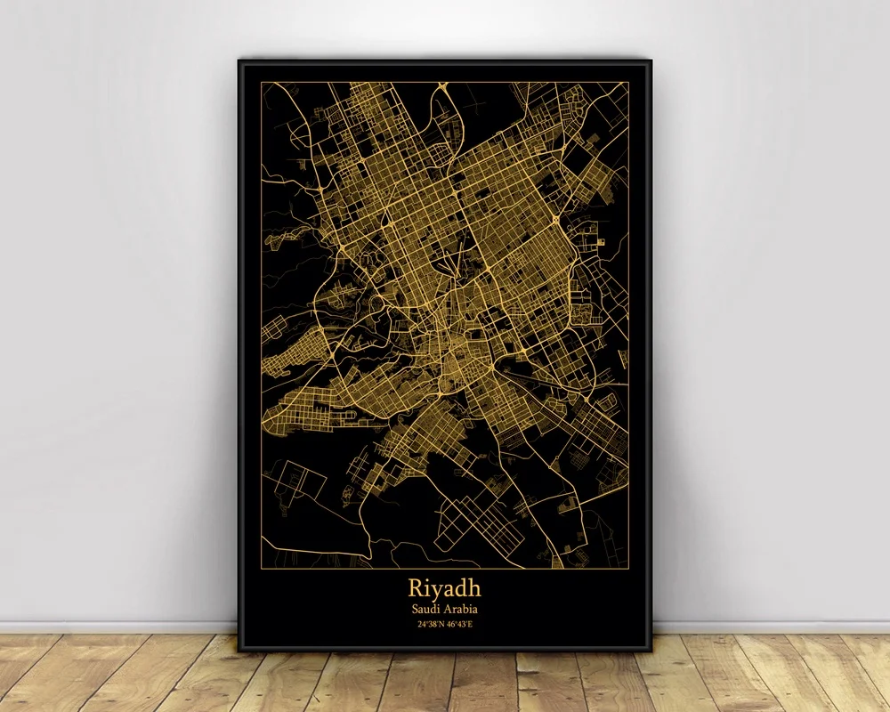 Riyadh Saudi Arabia Black&Gold City Light Maps Custom World City Map Posters Canvas Prints Nordic Style Wall Art Home Decor