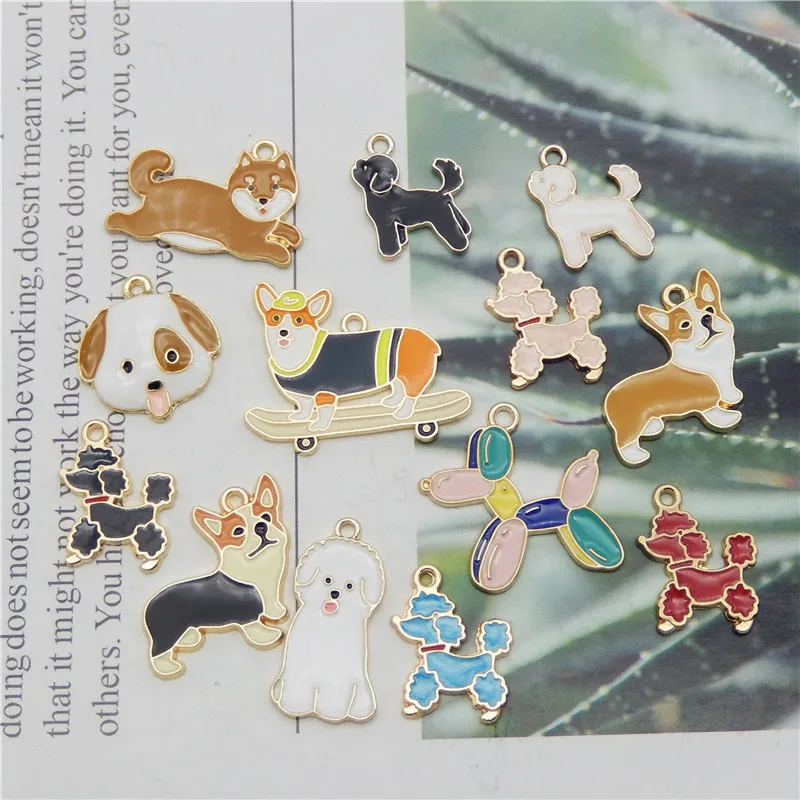 Julie Wang 13PCS Enamel Dog Charms Mixed Corgi Poodle Teddy Shiba Alloy Animal Pendants Jewelry Making Necklace Accessory