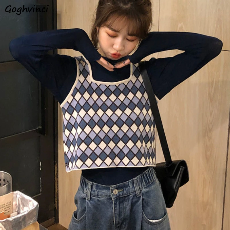 Sweater Vest Vintage Korean Style Crop Spring Autumn Argyle Knitted Square Collar Warm Casual All-match Inner Female New Cozy