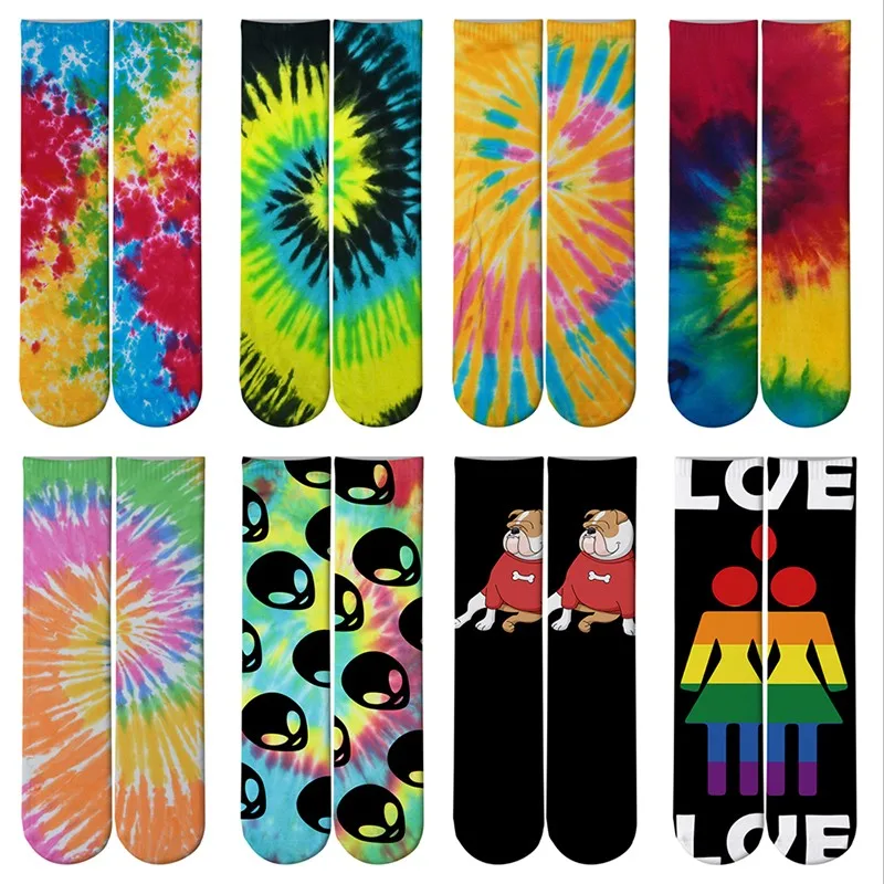 Colorful Tie-dyed Skateboarding Women Tube Socks Long Fashion Men And Women Straight Socks Couples Sport Cotton Stockings