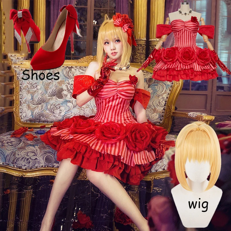 

Game Fate/Grand Order Artoria Pendragon Nero Cosplay Costume Saber Red Idol Emperor Rose Dress J apanese Anime Outfits Wig shoes