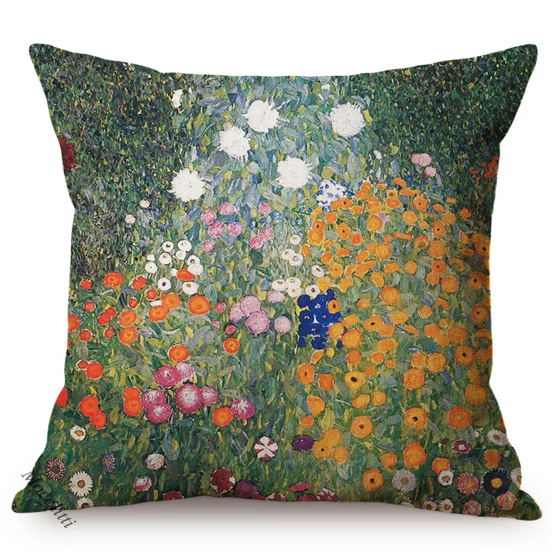 Famous Painter Gustav Klimt Flower Grass Farmhouse Vintage Rural Scenery Oil Painting Decorative Pillows Case Sofa Cushion Cover