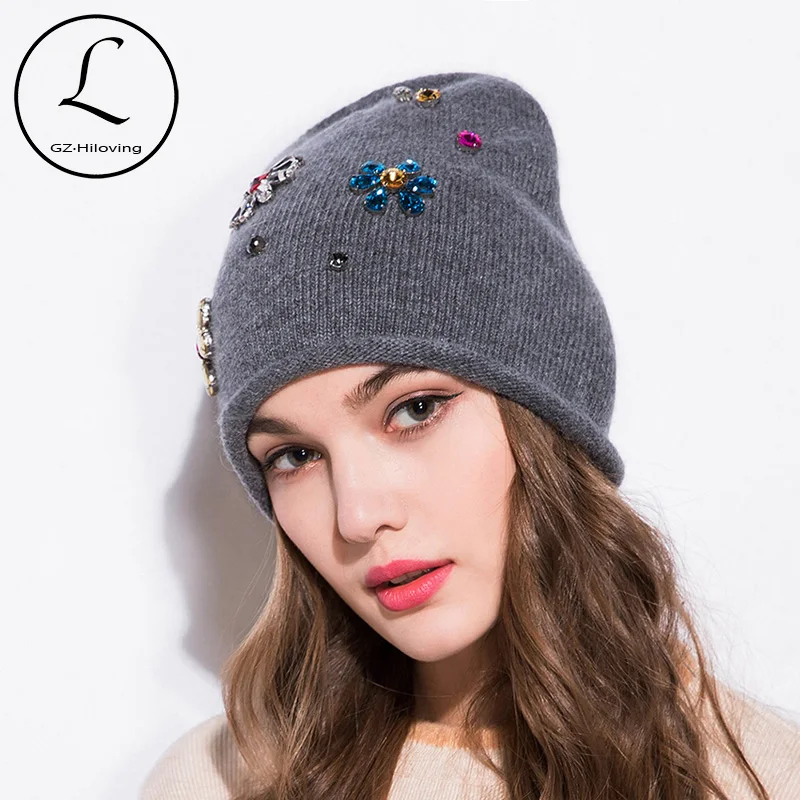 

GZHILOVINGL 2017 New Autumn Winter Rabbit Fur Wool Knitted Beanie Hat Cap Handmade Diamond Flower Skullies Beanies For Women