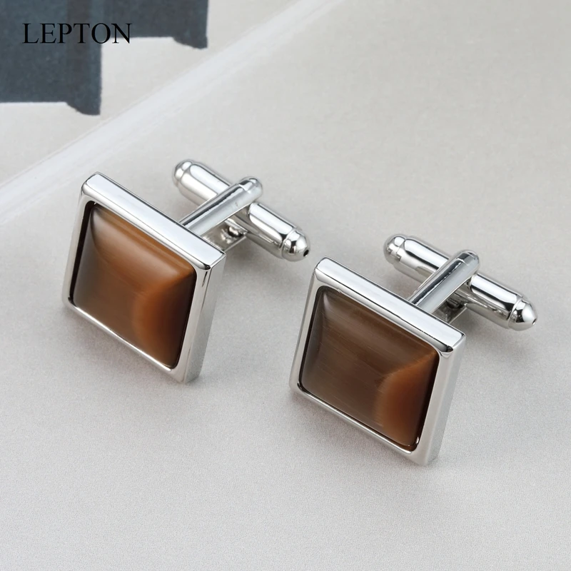 Low-key Luxury Brown Stone Cufflinks for Mens Lepton Square Silver Color Metal High Quality Man French Shirt Cuffs CuffLink