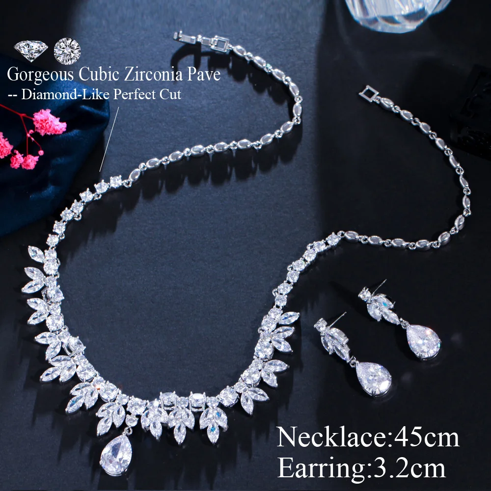 CWWZircons Best Bridal Party Accessories Silver Color Cubic Zirconia Wedding Necklace Earrings Jewelry Set For Brides T037