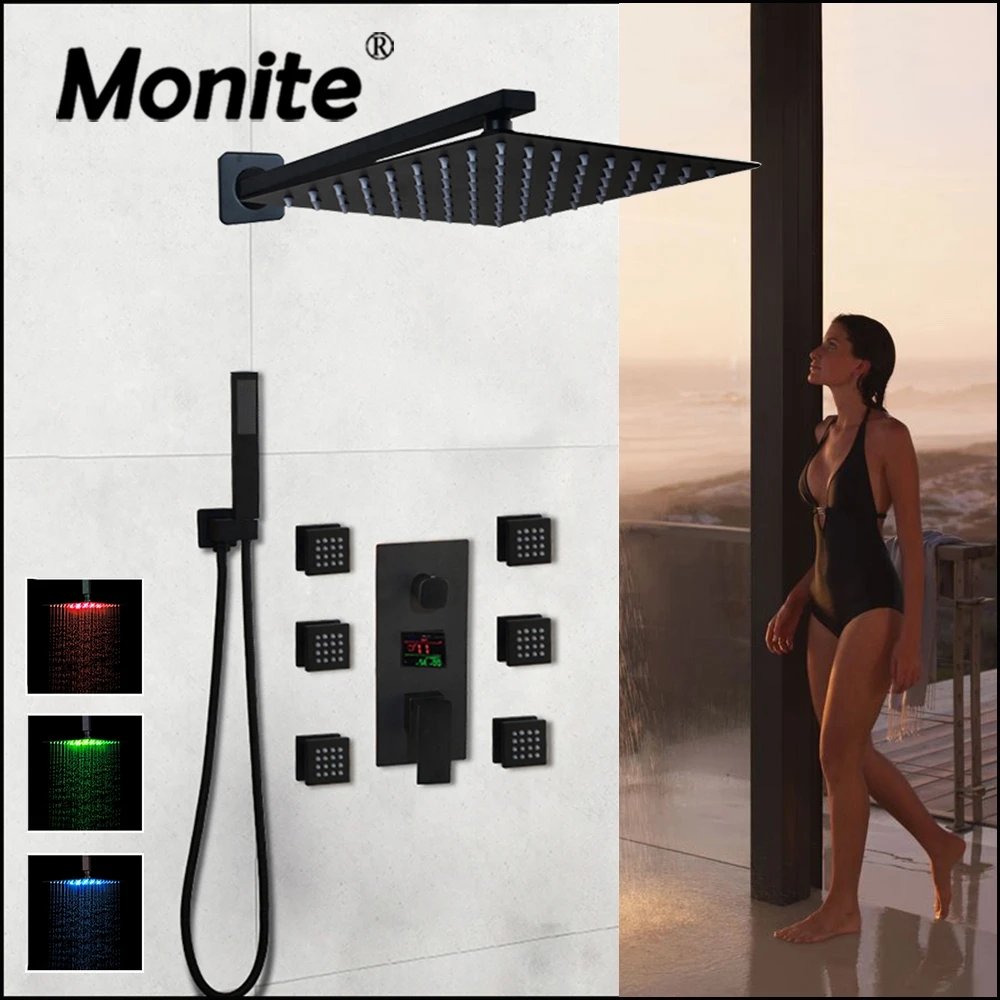 

Monite Bathroom LED Matte Black Bath Shower Faucet Message Jets Temperature Display With Rainfall Hand Shower Set Faucet Taps