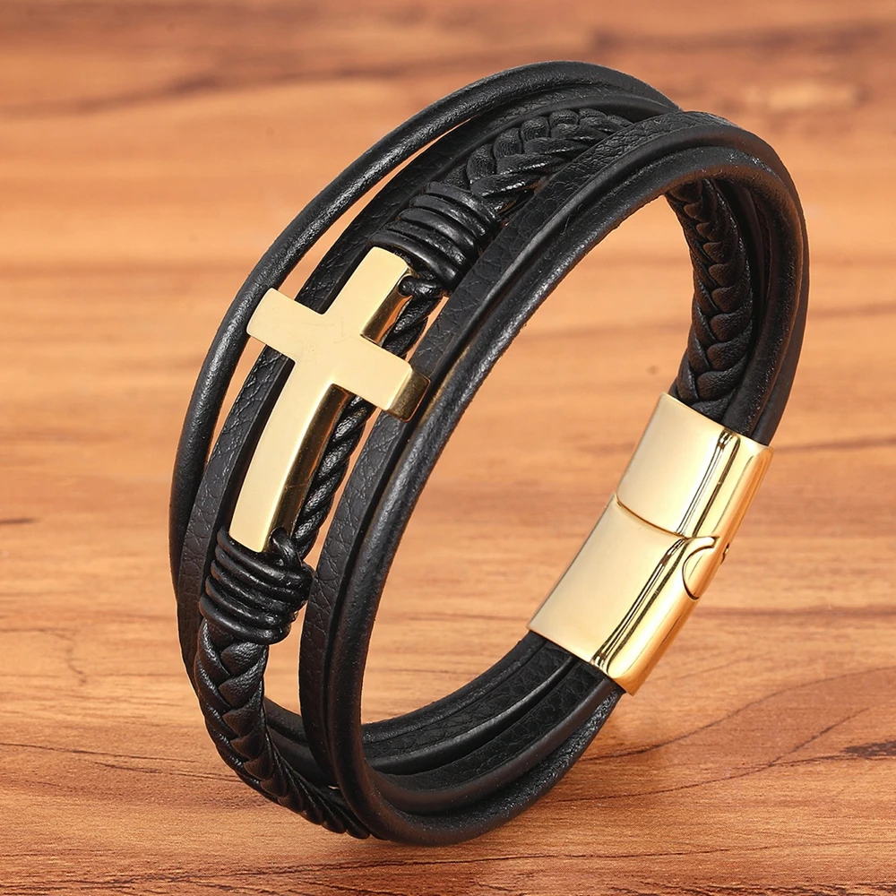 TYO Hot Sale Multi-Layer Stainless Steel Genuine Leather Cross Bracelet For Mens Magnetic Clasp Bangles Accessories Jewelry