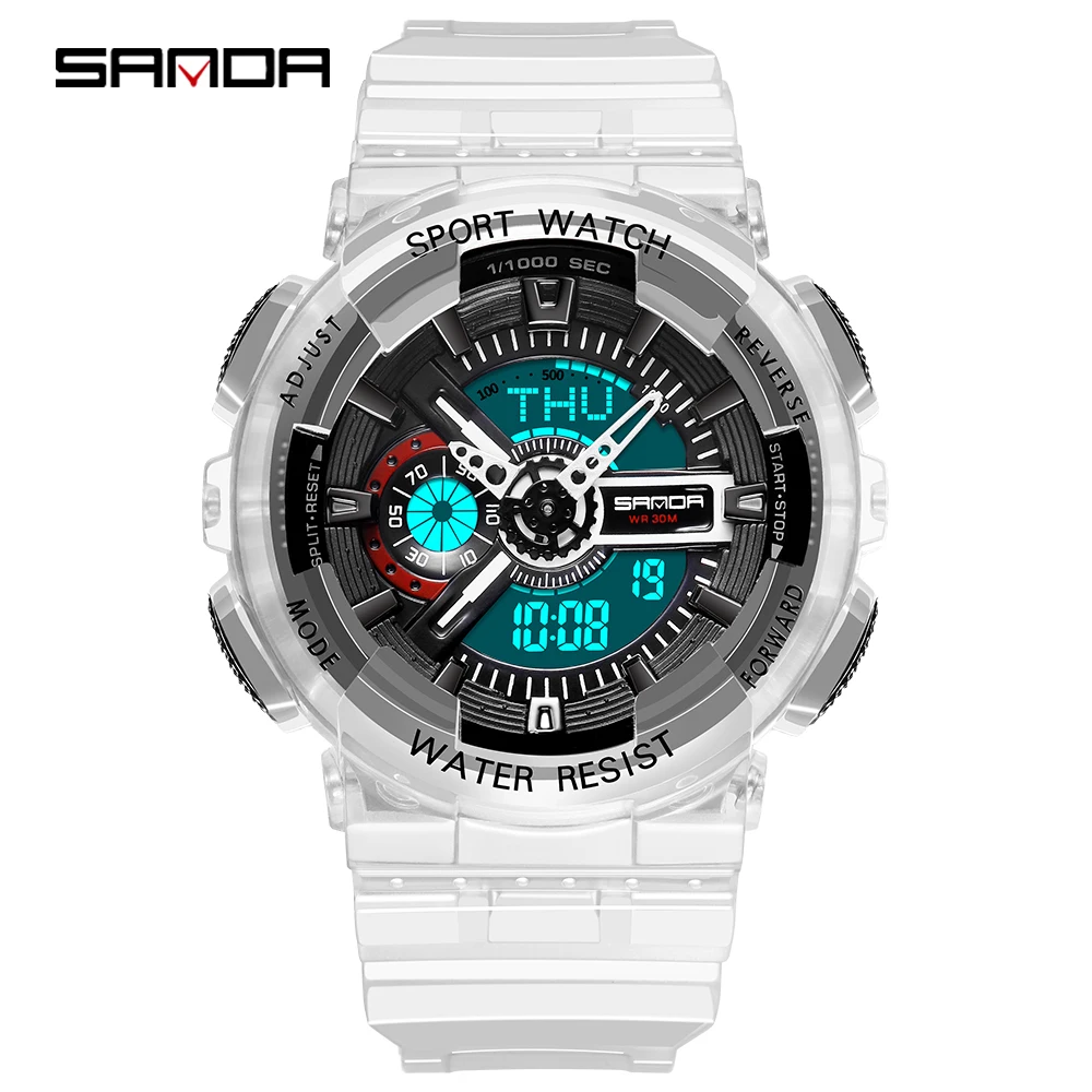 Fashion Sanda Top Brand Women  Transparent Watches Waterproof Multi-function Luminous Sports Double Display Couple ElectronicBr