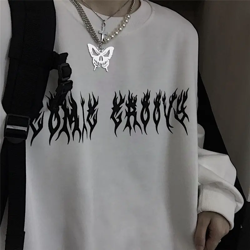 Mùa Thu Dạo Phố Đen Cao Cấp Bé Gái Trắng Gothic Quá Khổ Áo Hoodie Chui Đầu Nữ Hip-Hop Thoáng Mát Cặp Đôi Cao Cấp Dạo Phố