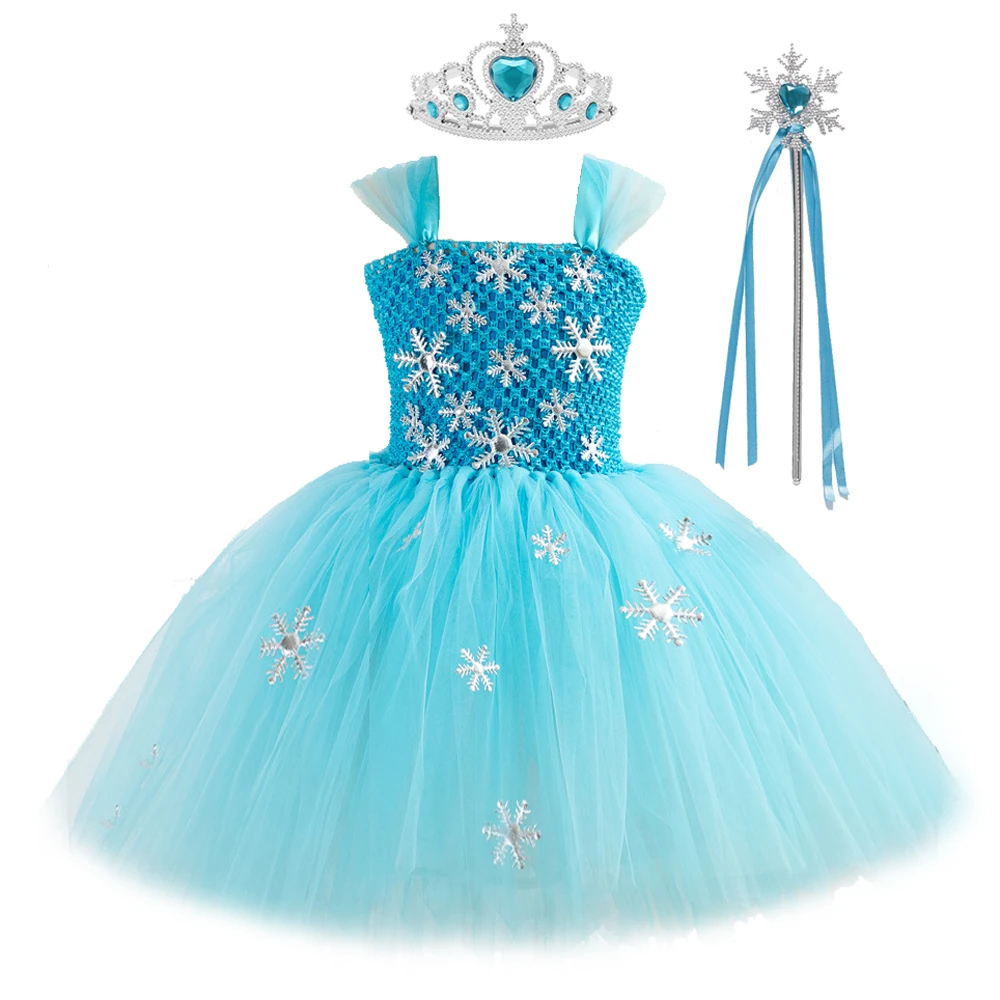 Blue Princess Elsa Dress for Girls Snow Queen Tutu Dress Up Costumes for Kids Girl New Year Clothes Snowflake Christmas Outfits