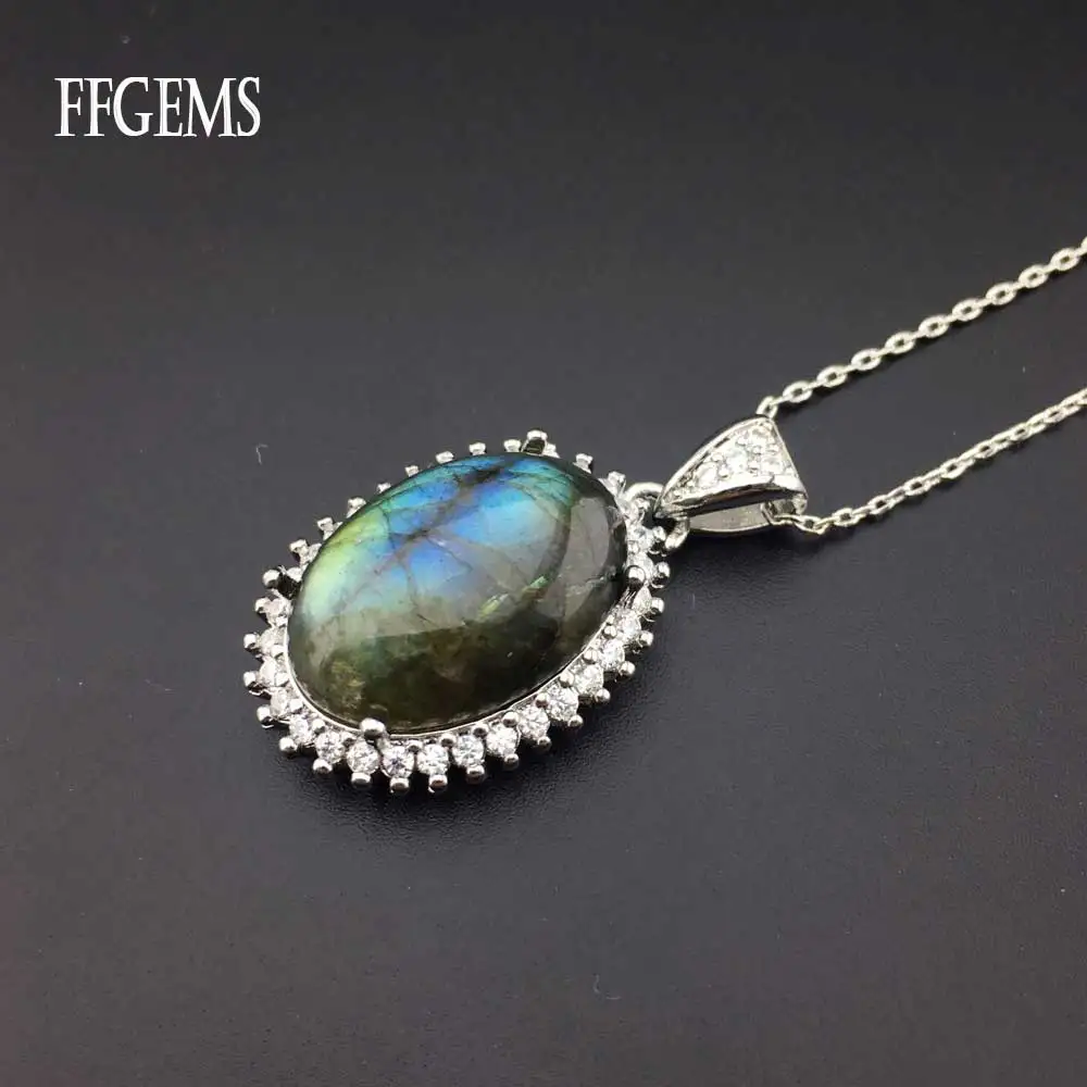 

FFGems Natural Labradorite big Oval gemstone special Silver Pendant Necklace white Gold Women Fine Jewelry Party Wedding Gift