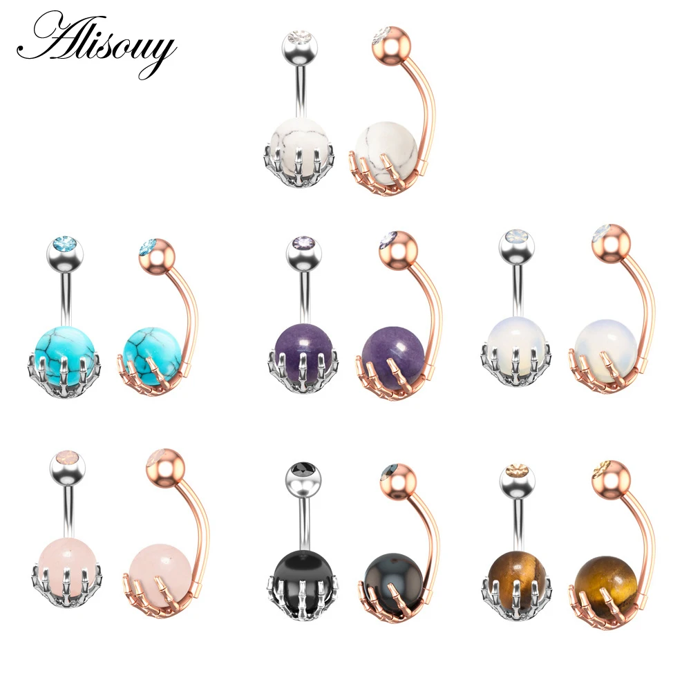 Alisouy 1pc 14G Belly Button Rings Piercing Surgical Steel Zircon Stone Opal Center Claw Shape Women Navel Rings Ombligo Jewelry