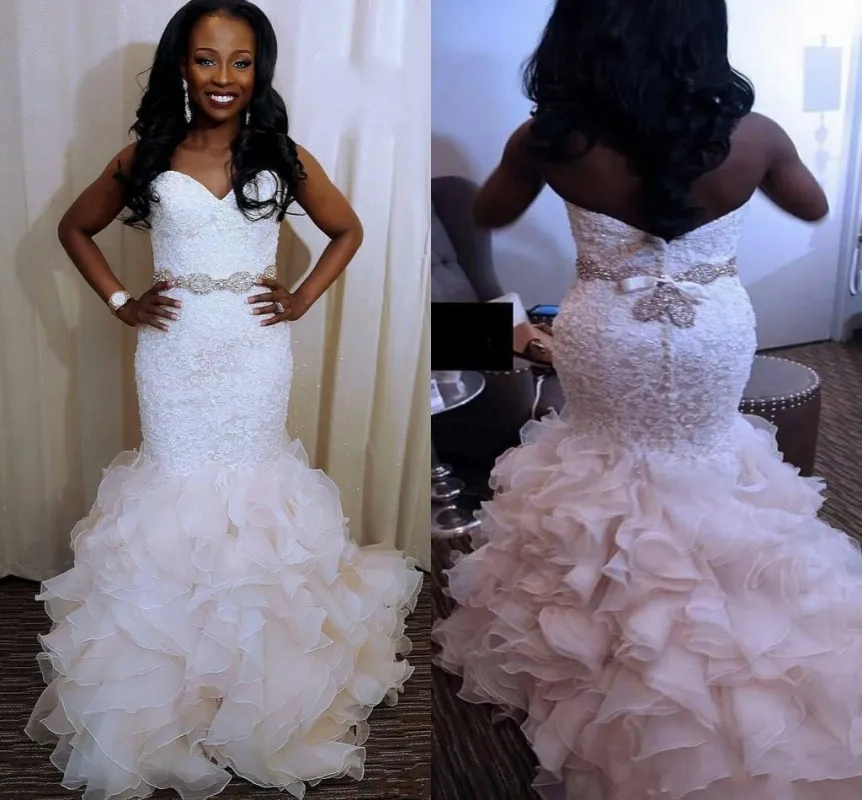 

Mermaid African Wedding Dresses With Crystal Sash Sweetheart Plus Size Bridal Gowns Ruffles Skirt Lace Organza Robe De Mariage