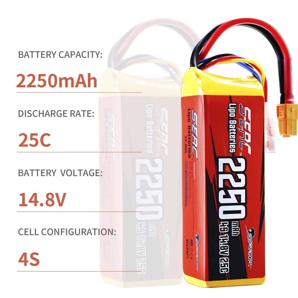 Sunpadow 4S Lipo Battery 2250mAh 14.8V 25C with XT60 Plug for RC Airplane Quadcopter Drone FPV Helicopter Boat Racing Hobby