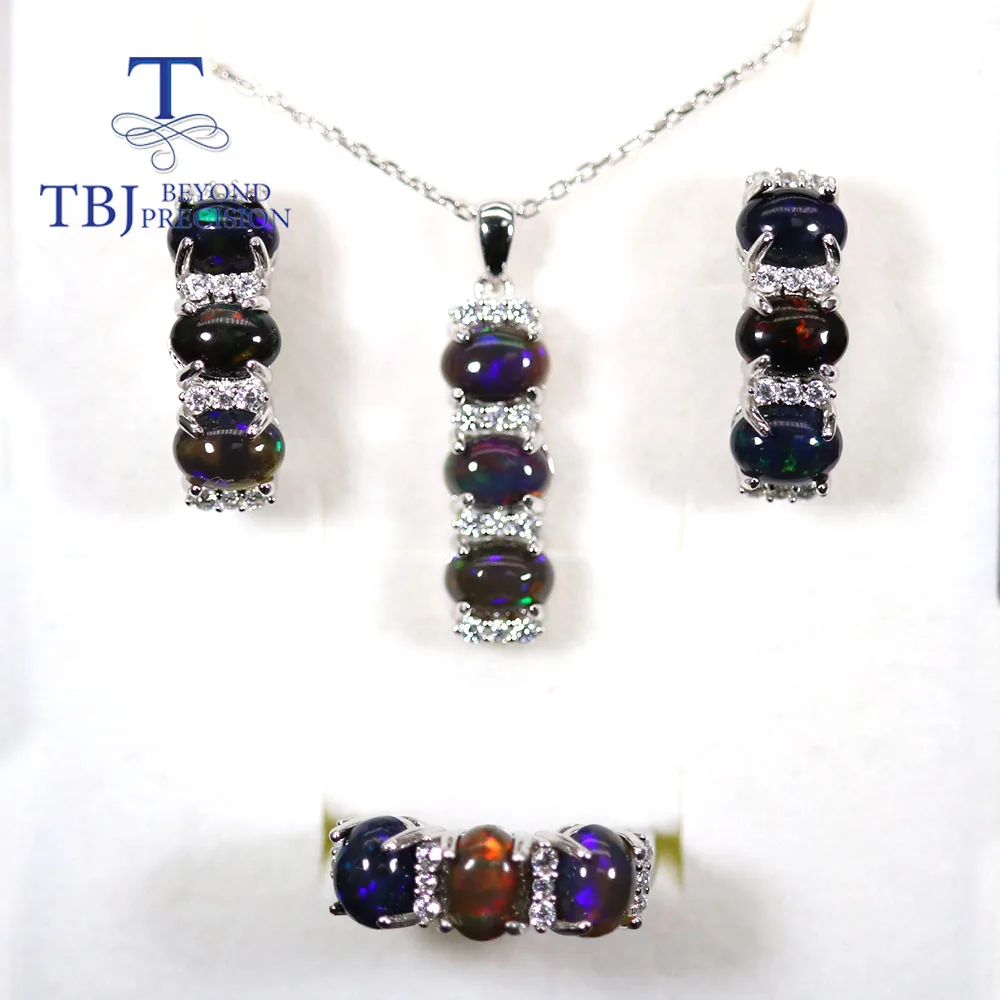 TBJ  oval 5*7mm  Black opal jewelry set colorful natural Ethiopia Opal Clasp earring ring pendant925 sterling silver jewelry