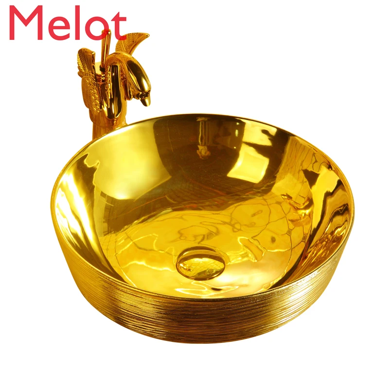 

New Brushed Golden Washbasin Household Tyrant Gold Basin Basin round European Retro Art Table Basin