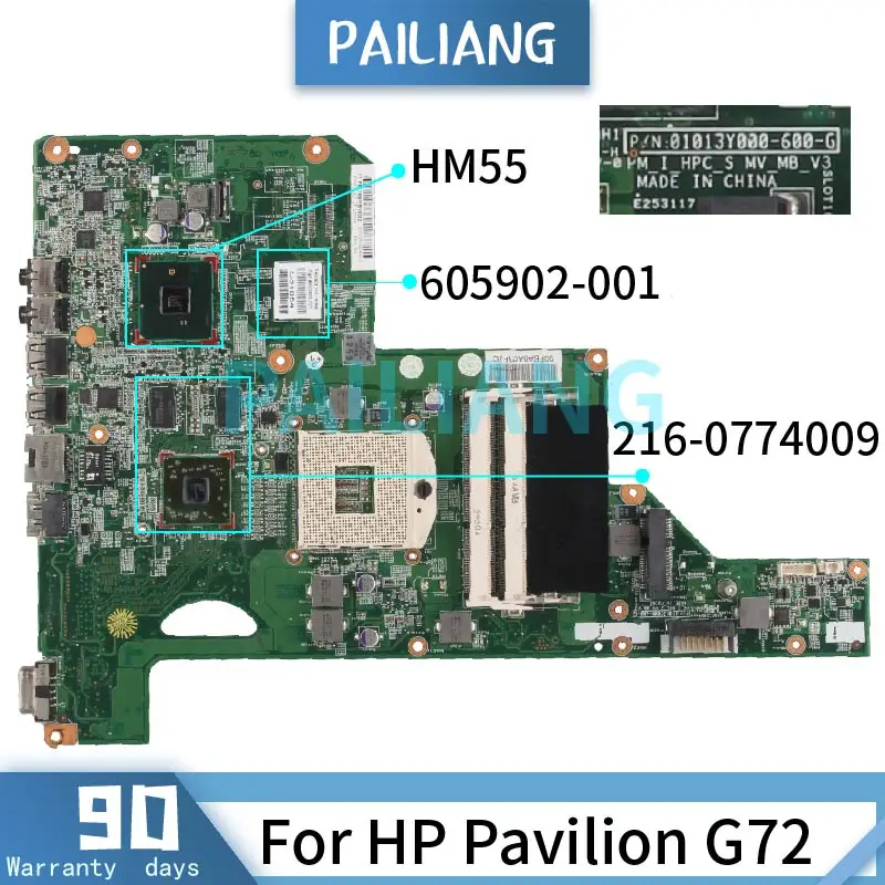 

Mainboard For HP Pavilion G72 Laptop motherboard 605902-001 605902-501 01013Y000-575-G HM55 216-0774009 DDR3 Tested OK