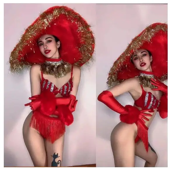 Sexy bikini Red nightclub bar Stage Dance Performance Costume party girl dancer show wear