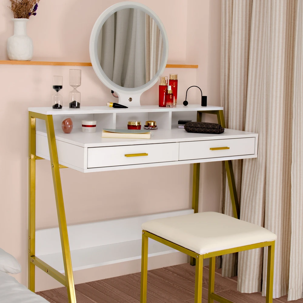 Two Colors Dressers FCH LED Three-Color Touch Round Mirror 2 Drawers With Shelf Frame With Steel Frame Dressing Table