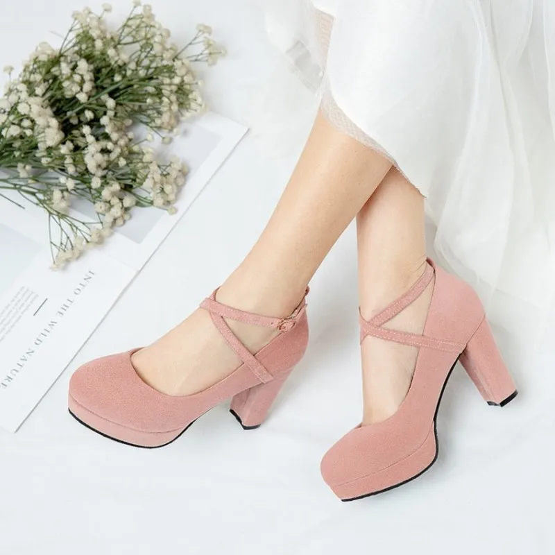 Women Pumps High Heels Thick Soles Shoes Cross Strap Platform Square Heel Round Toe Sexy Sandals Ankle Strap Wedding Party Shoes